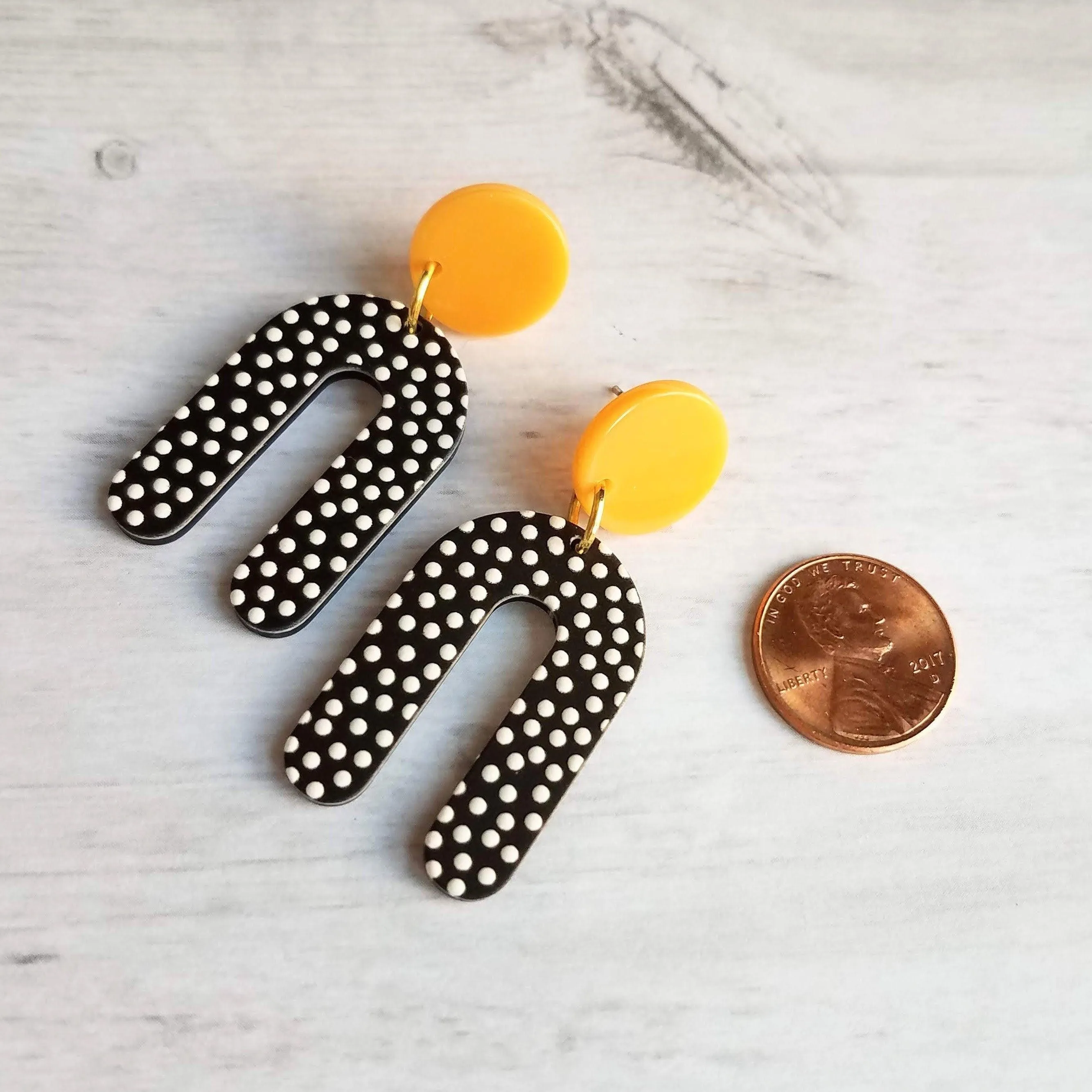 Large Chunky Earrings, 80s style earrings, 80's earrings, black white polka dot earring, U shape earrings acrylic dangle 2 in orange acetate