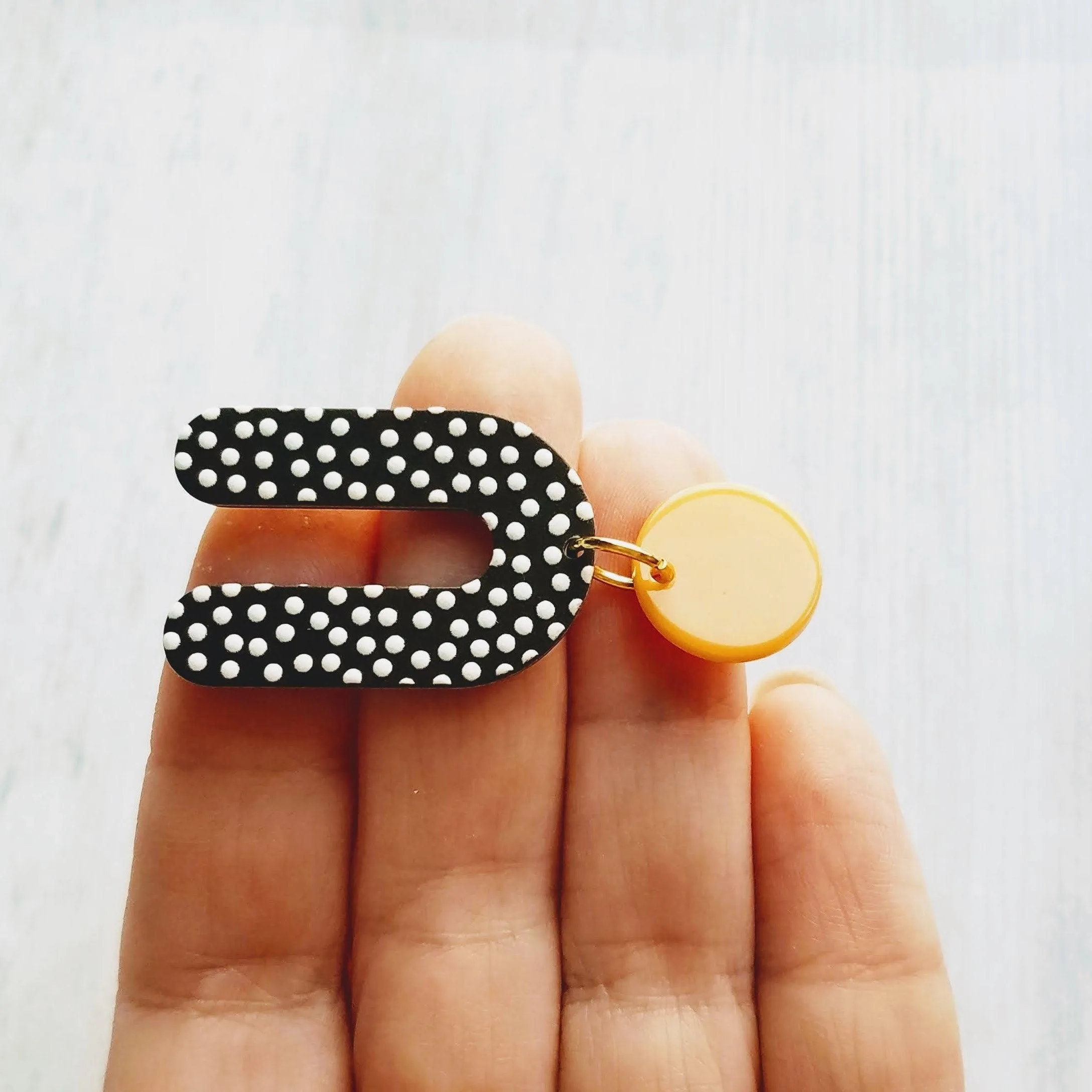 Large Chunky Earrings, 80s style earrings, 80's earrings, black white polka dot earring, U shape earrings acrylic dangle 2 in orange acetate