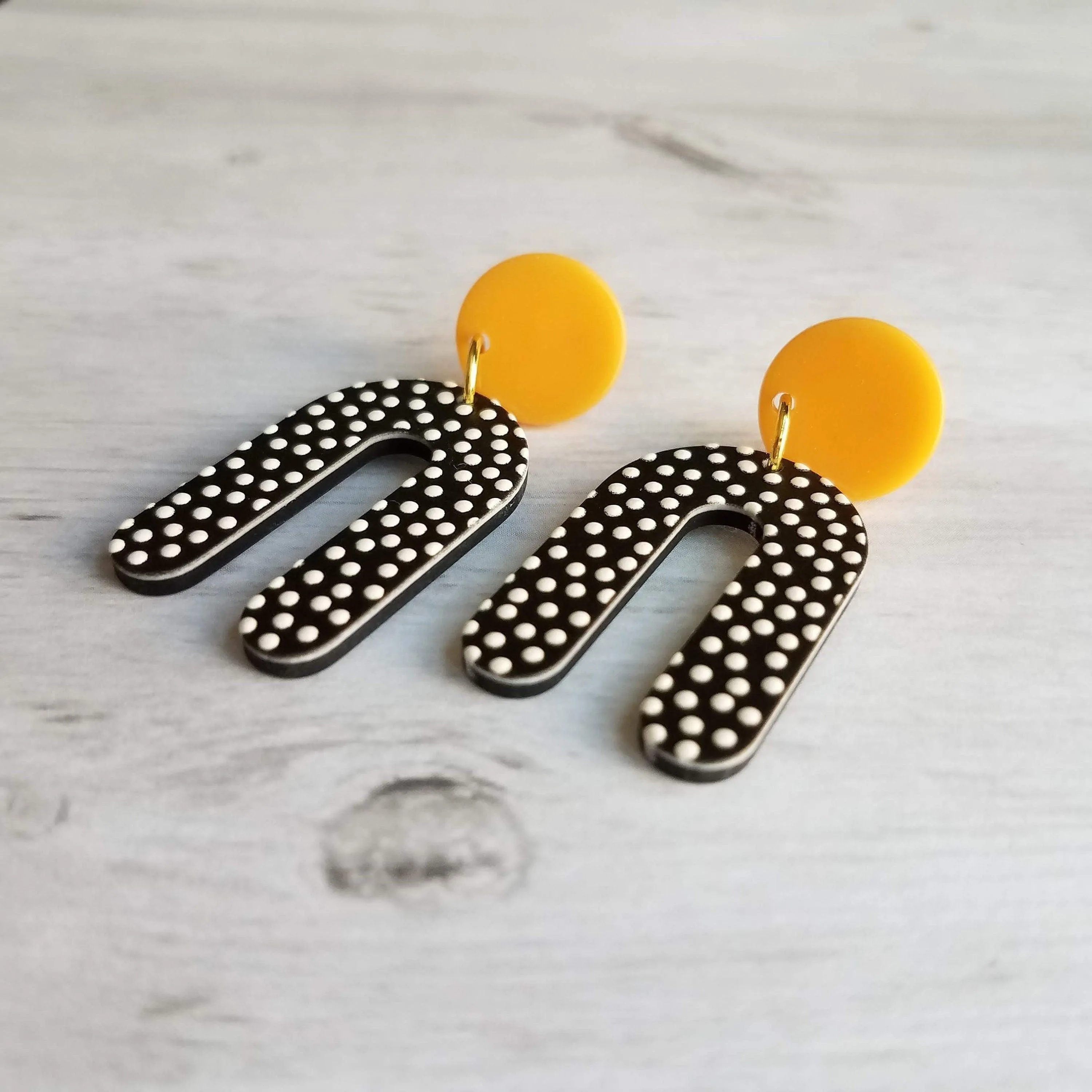 Large Chunky Earrings, 80s style earrings, 80's earrings, black white polka dot earring, U shape earrings acrylic dangle 2 in orange acetate