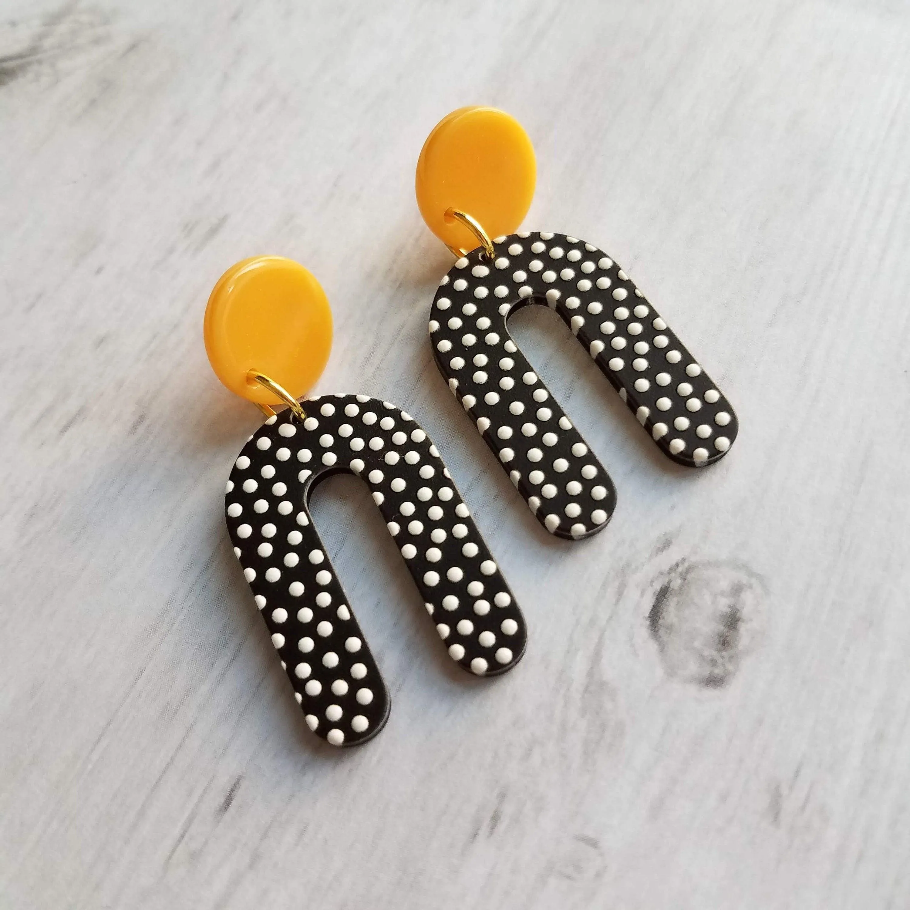 Large Chunky Earrings, 80s style earrings, 80's earrings, black white polka dot earring, U shape earrings acrylic dangle 2 in orange acetate