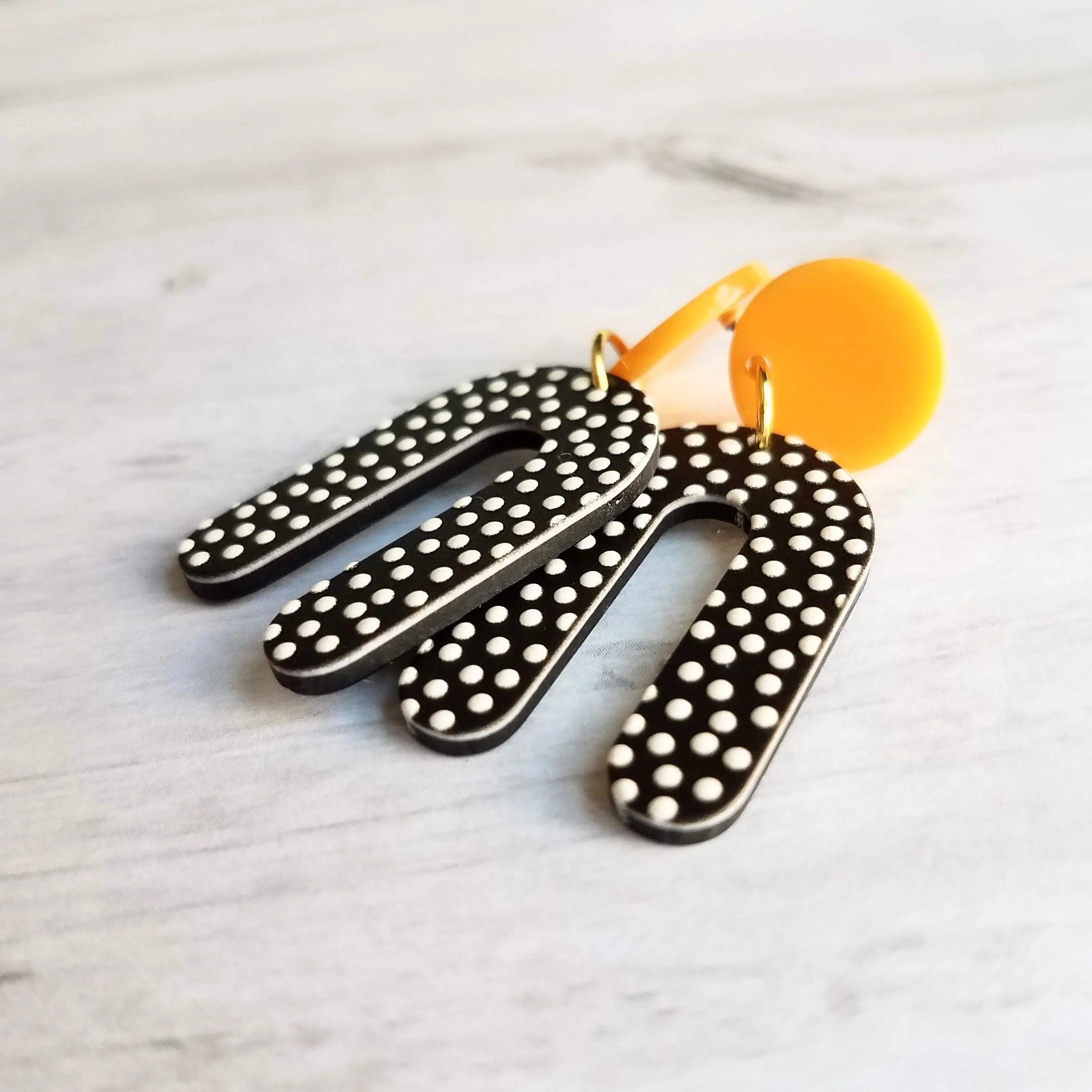 Large Chunky Earrings, 80s style earrings, 80's earrings, black white polka dot earring, U shape earrings acrylic dangle 2 in orange acetate