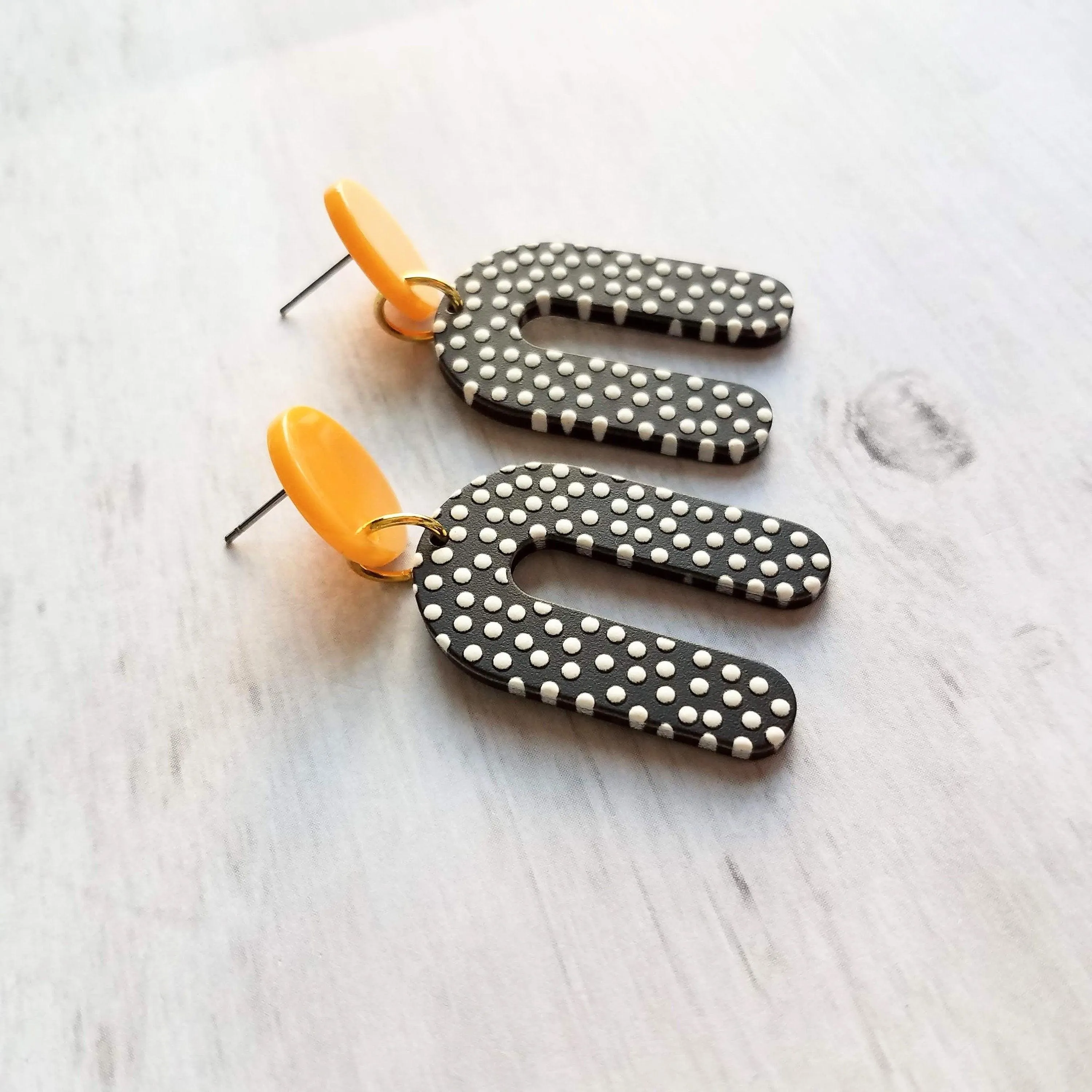 Large Chunky Earrings, 80s style earrings, 80's earrings, black white polka dot earring, U shape earrings acrylic dangle 2 in orange acetate