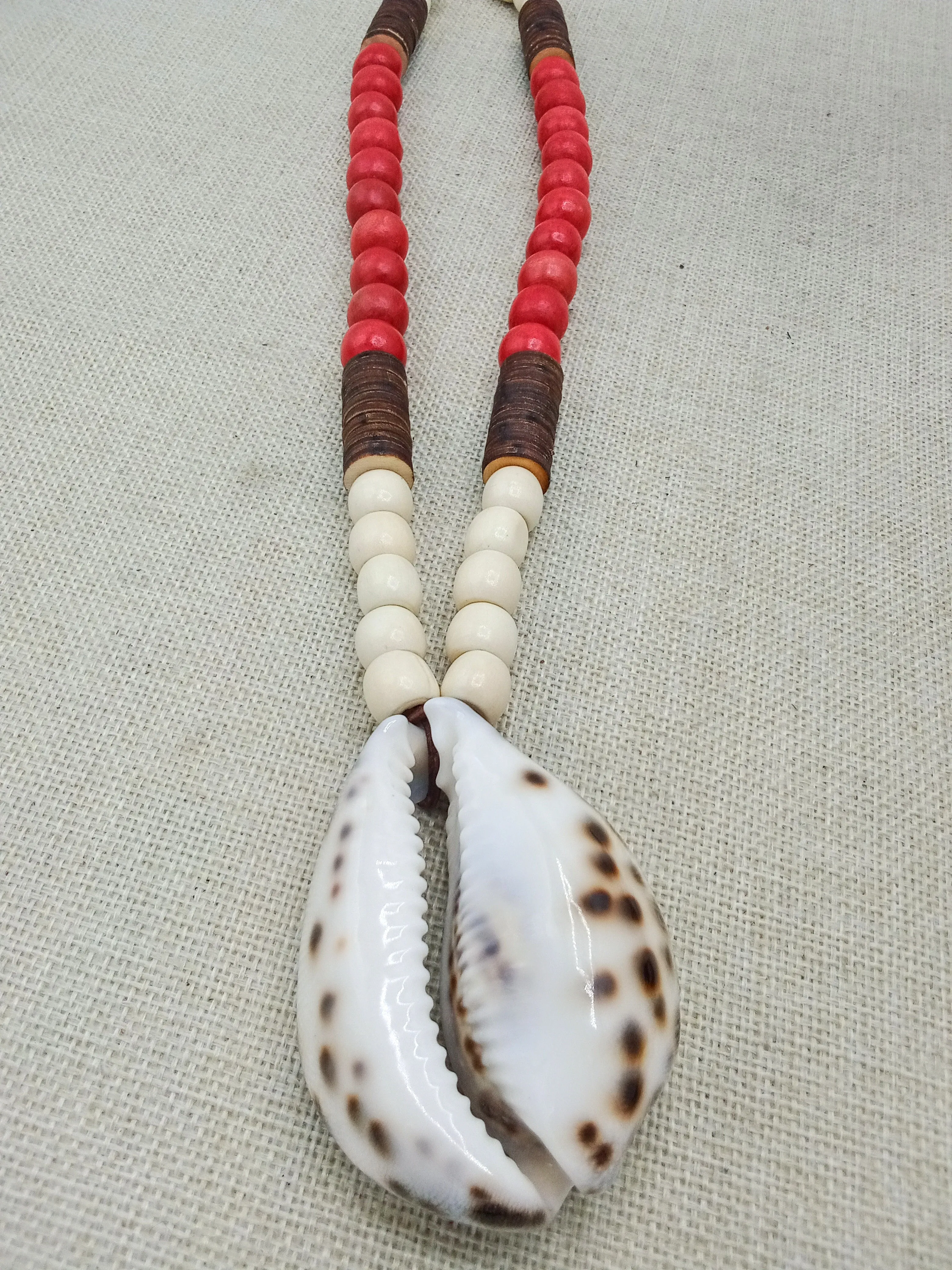 Large Cowrie Necklace Men Wooden Red White Ethnic Handmade Beaded Jewelry Boho