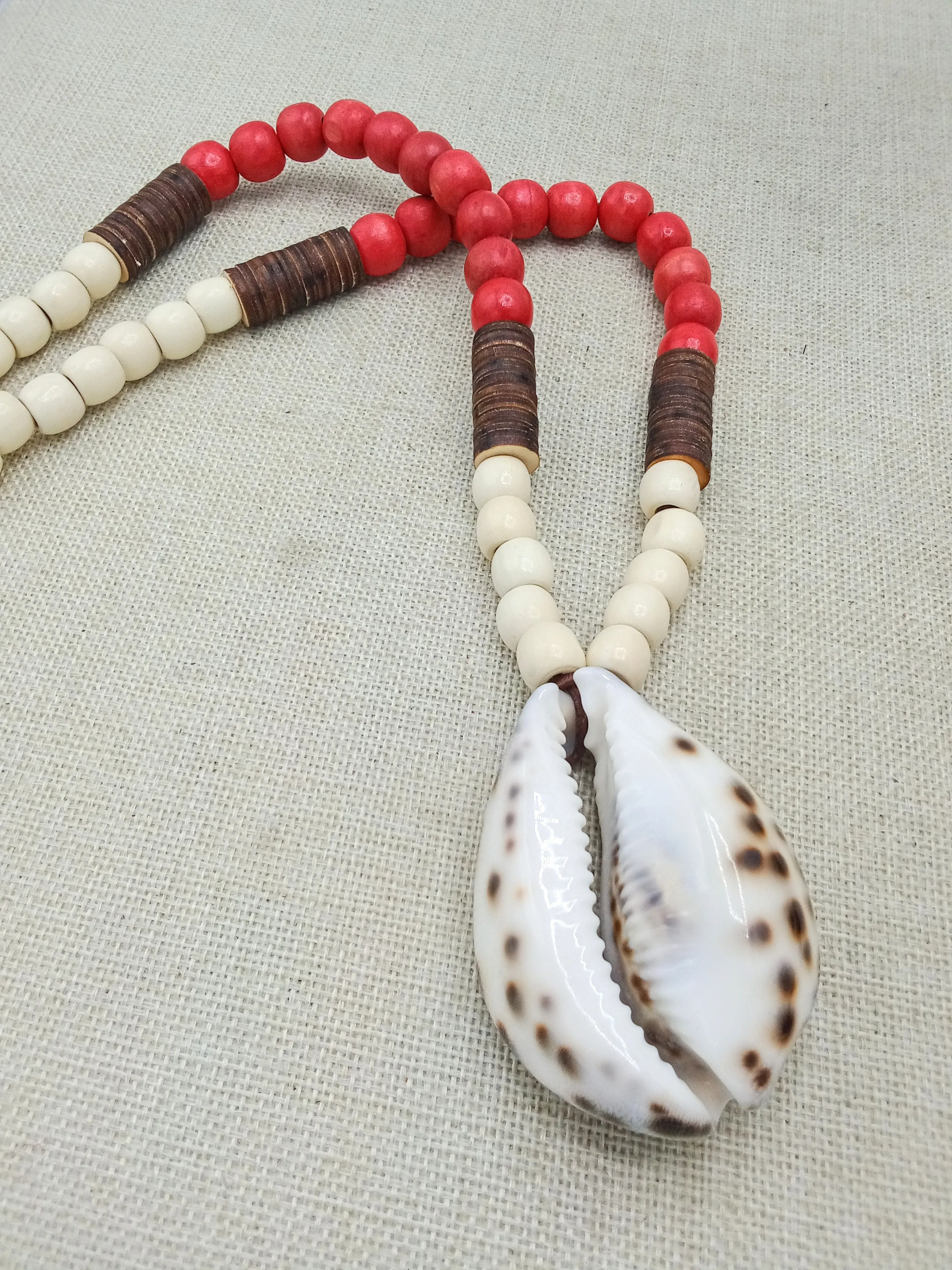 Large Cowrie Necklace Men Wooden Red White Ethnic Handmade Beaded Jewelry Boho