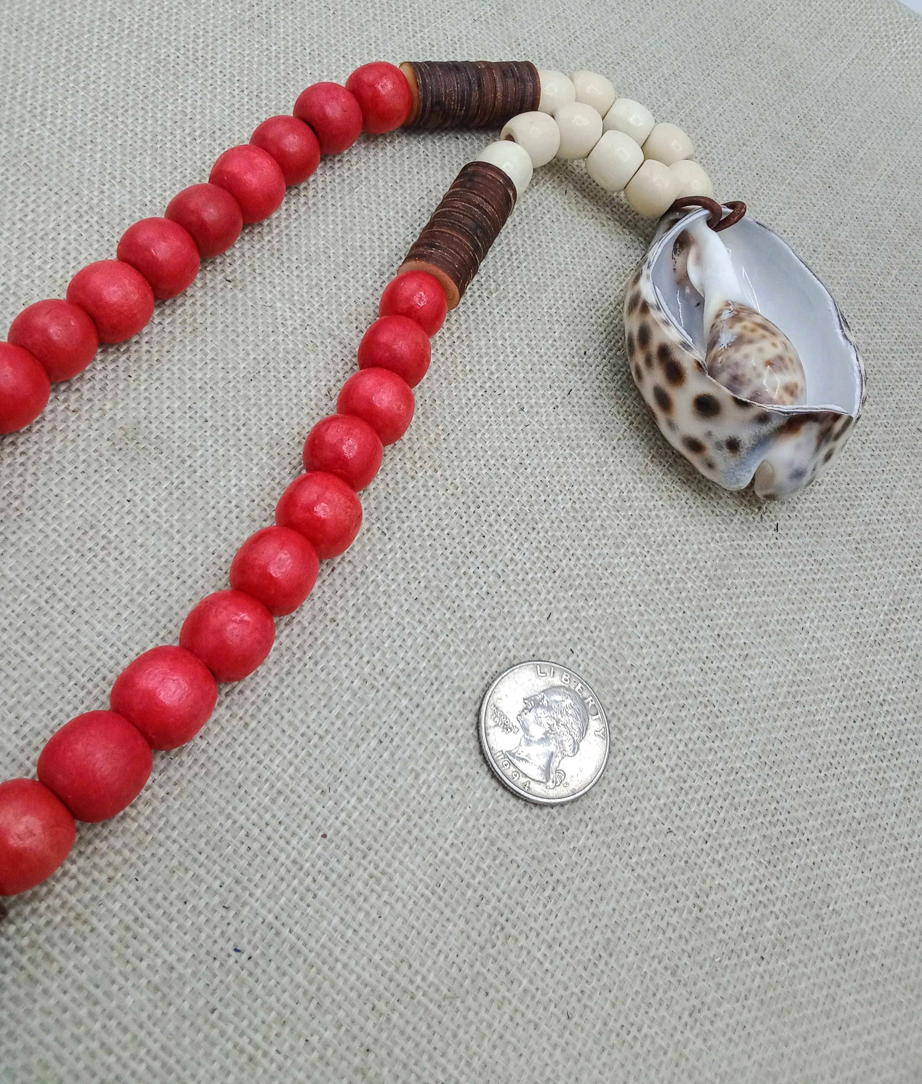 Large Cowrie Necklace Men Wooden Red White Ethnic Handmade Beaded Jewelry Boho