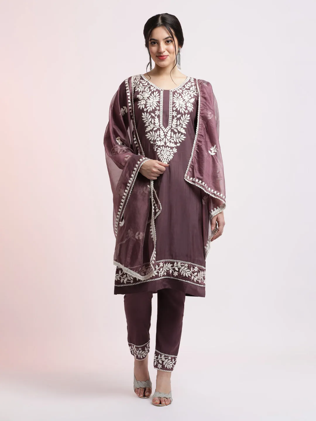 Lavender Floral Embroidered Festive Kurta Set With Dupatta