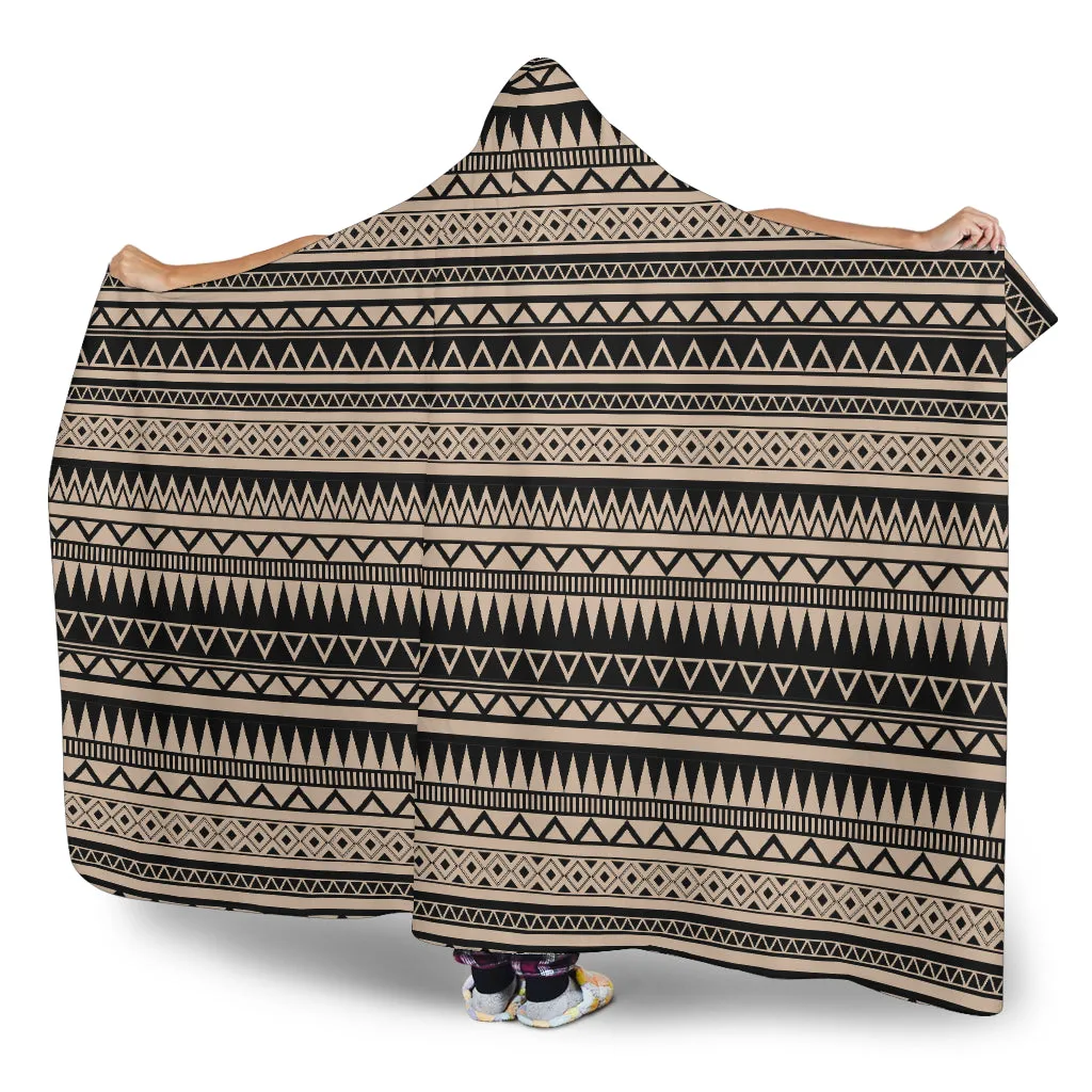 Light Stone Brown With Black Ethnic Tribal Pattern Hooded Blanket With Sherpa Lining