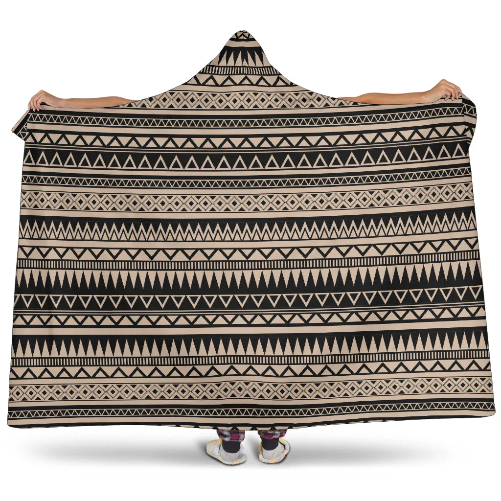 Light Stone Brown With Black Ethnic Tribal Pattern Hooded Blanket With Sherpa Lining
