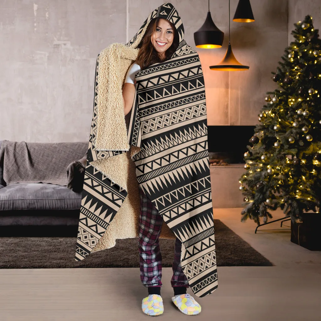 Light Stone Brown With Black Ethnic Tribal Pattern Hooded Blanket With Sherpa Lining