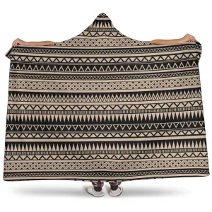 Light Stone Brown With Black Ethnic Tribal Pattern Hooded Blanket With Sherpa Lining
