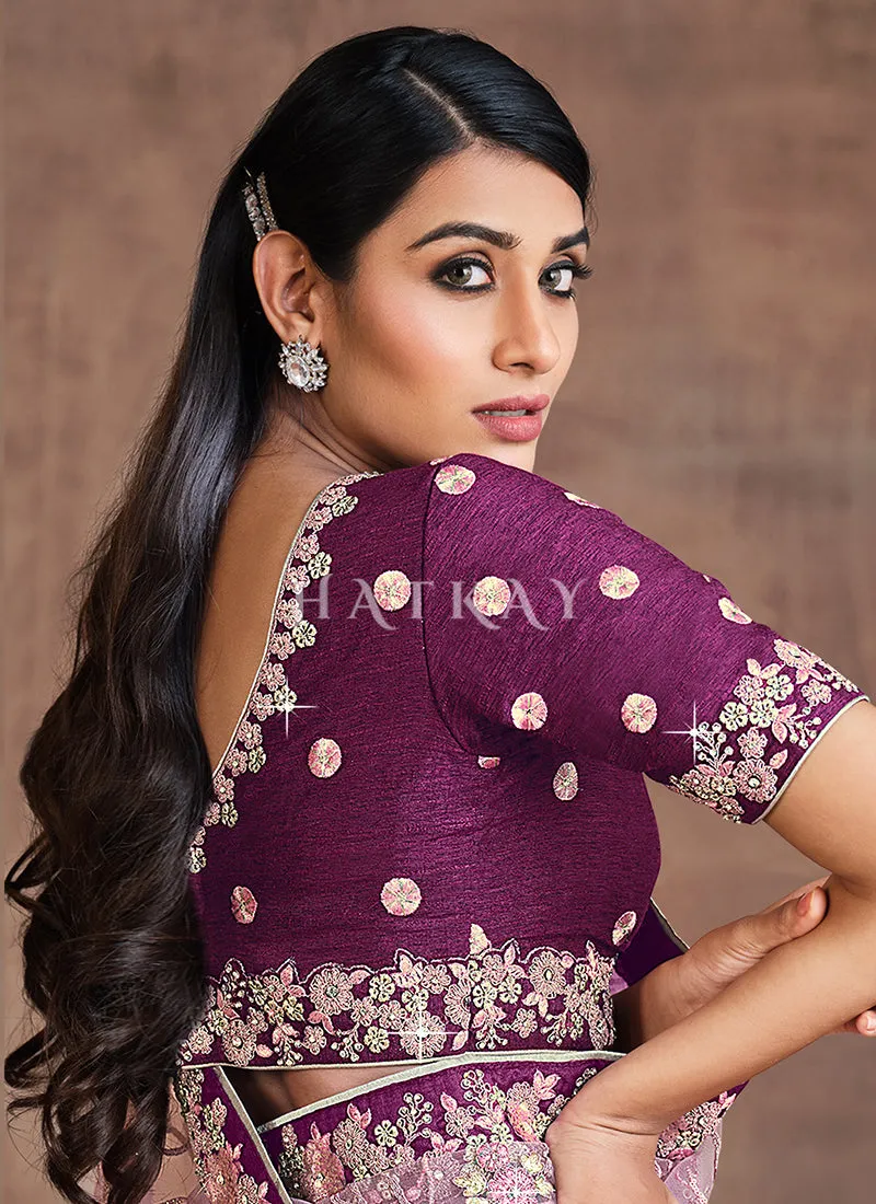 Lilac Purple Traditional Zari Embroidered Party Wear Saree