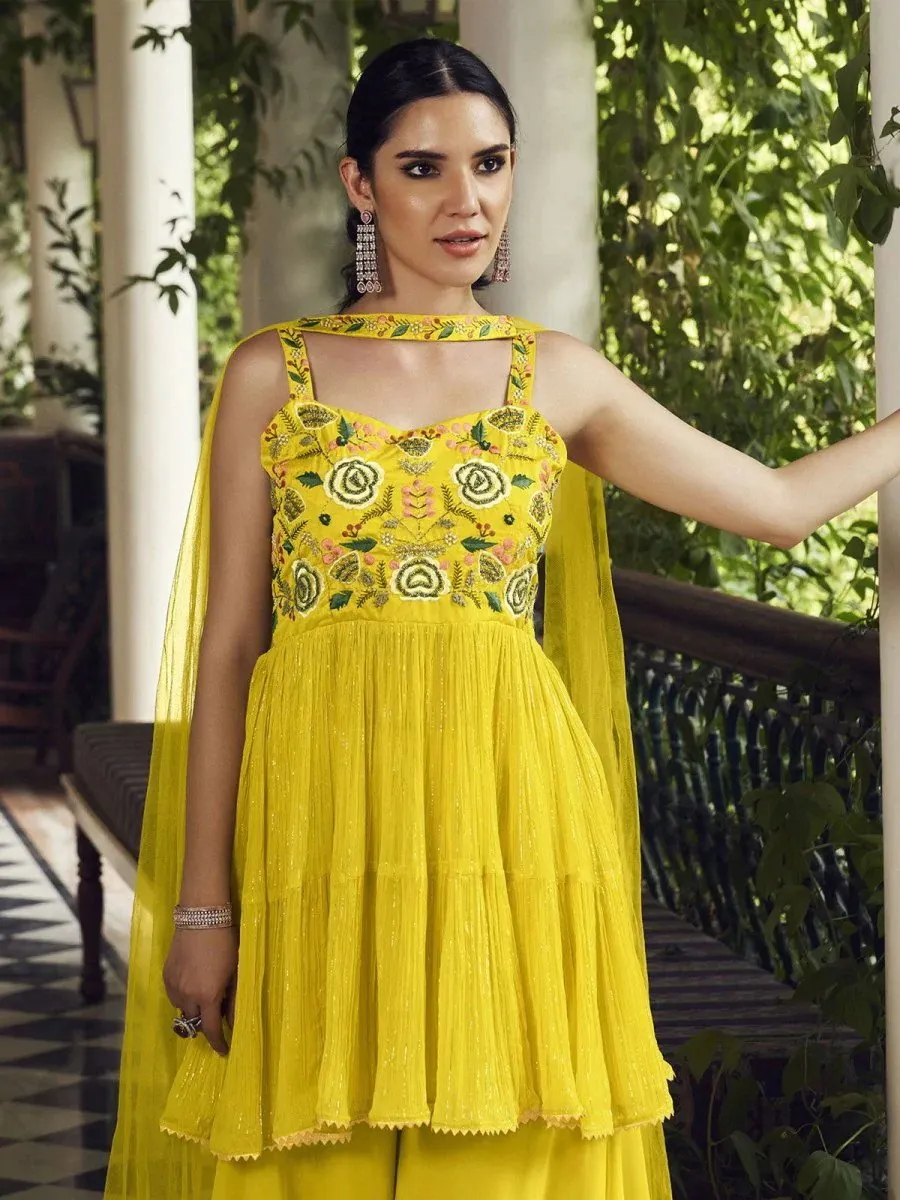 Lime Yellow Embroidered Sharara Style Suit