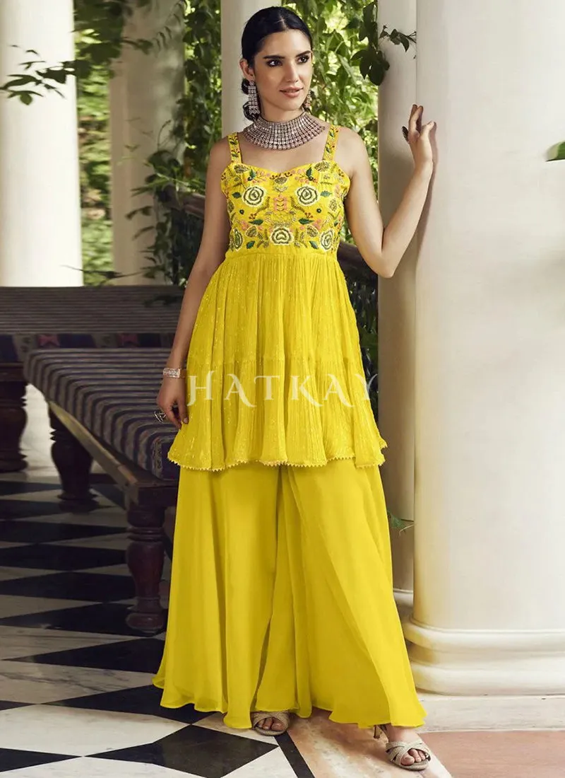 Lime Yellow Embroidered Sharara Style Suit