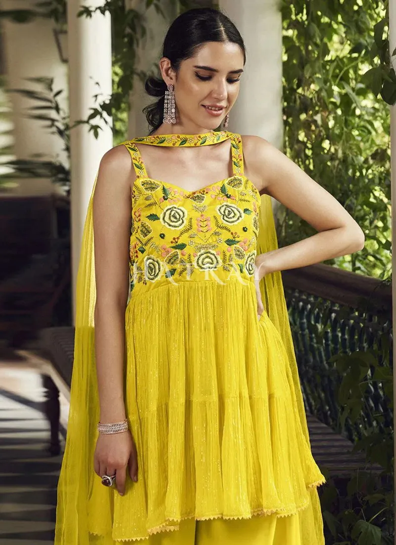 Lime Yellow Embroidered Sharara Style Suit