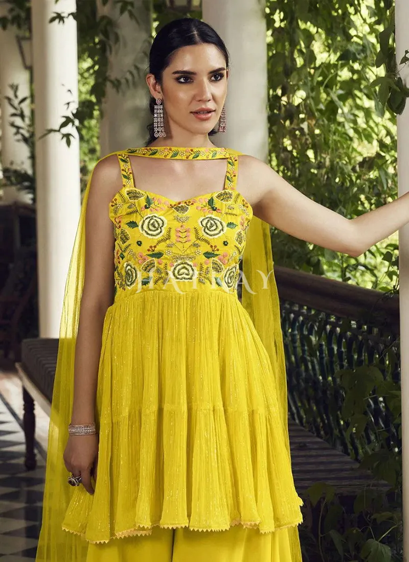 Lime Yellow Embroidered Sharara Style Suit