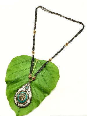 Long Mangalsutra Designs Gold Plated Latest Tibetan Blue Drop Shape Brass Pendant 24-Inches Length Mangalsutra