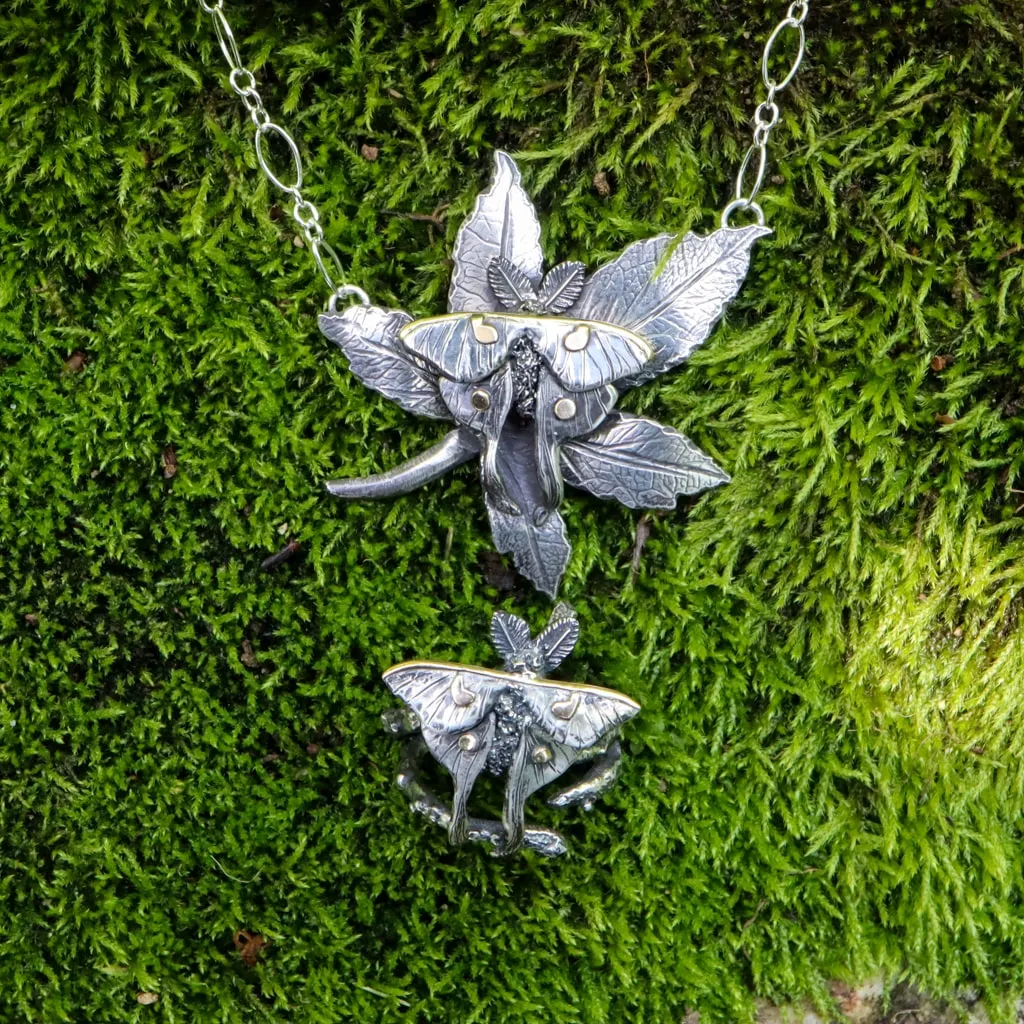 Luna Moth on her Sweet Gum Tree Leaf Necklace