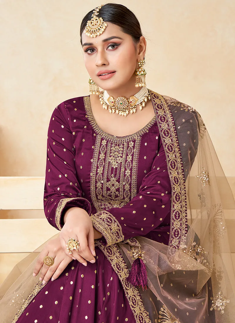 Magenta Embroidery Festive Silk Anarkali Suit