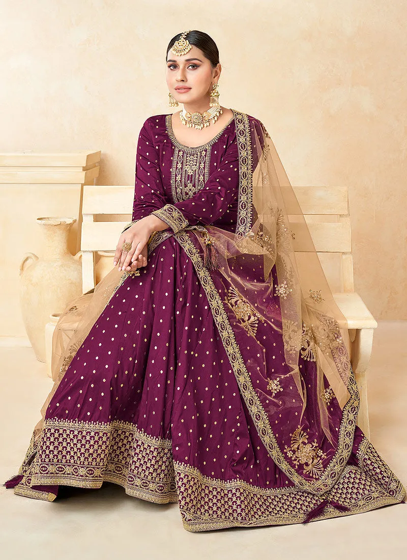 Magenta Embroidery Festive Silk Anarkali Suit