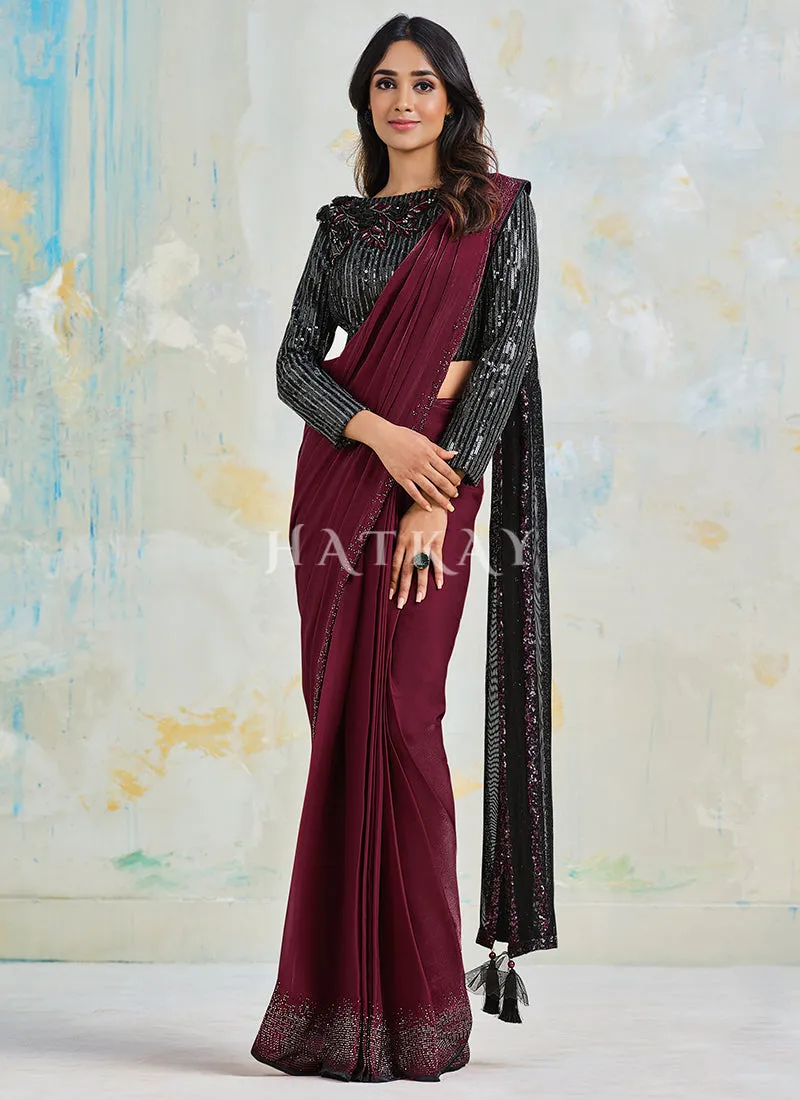 Maroon And Black Embroidery Designer Silk Saree