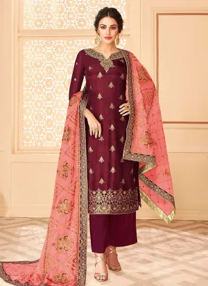 Maroon And Peach Jacquard Palazzo Suit