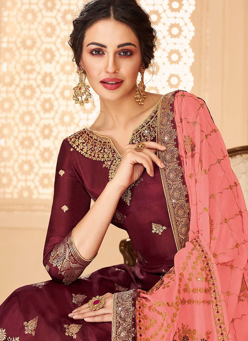Maroon And Peach Jacquard Palazzo Suit