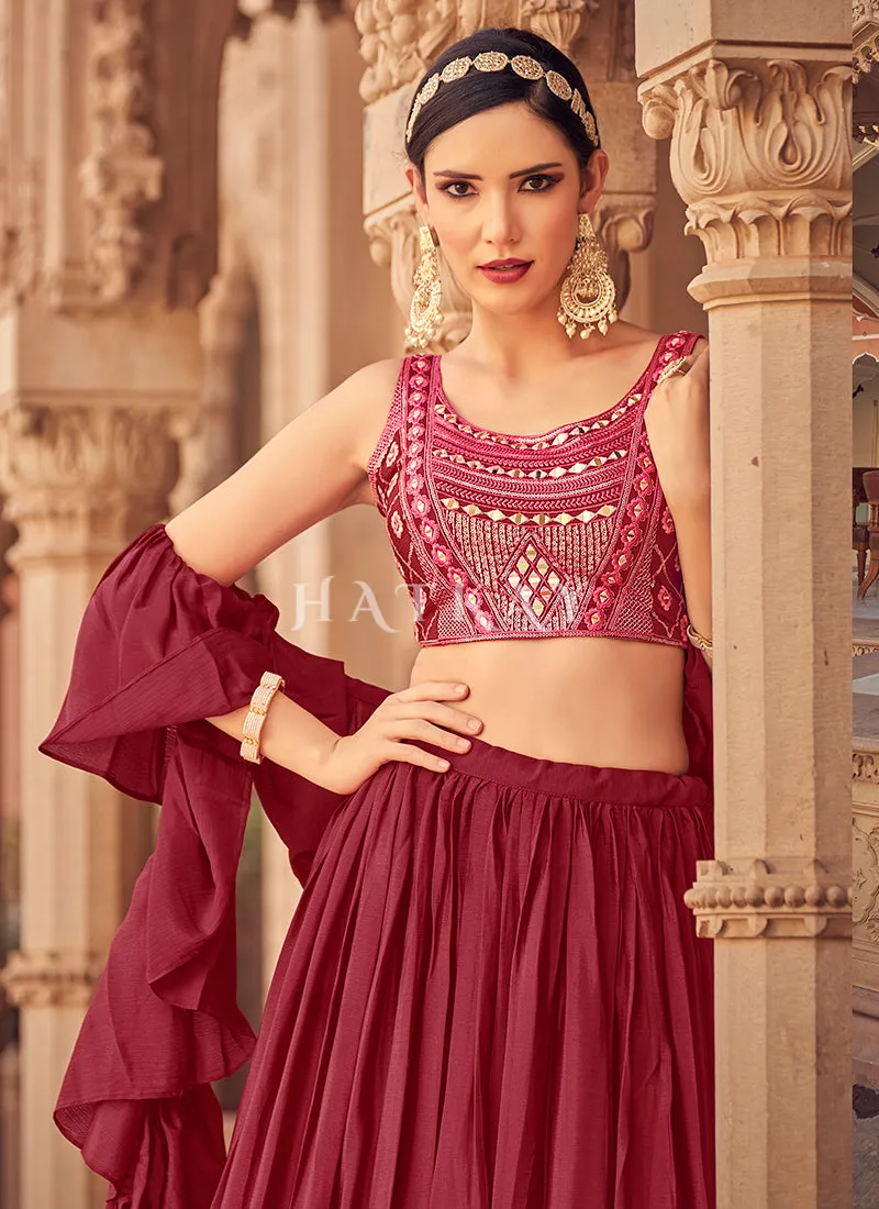 Maroon Mirror Work Embroidered Festive Lehenga Choli