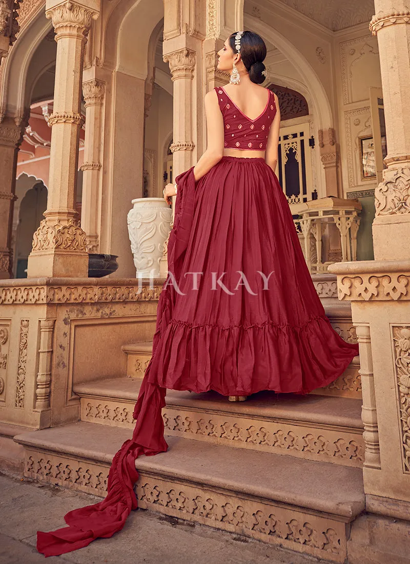 Maroon Mirror Work Embroidered Festive Lehenga Choli