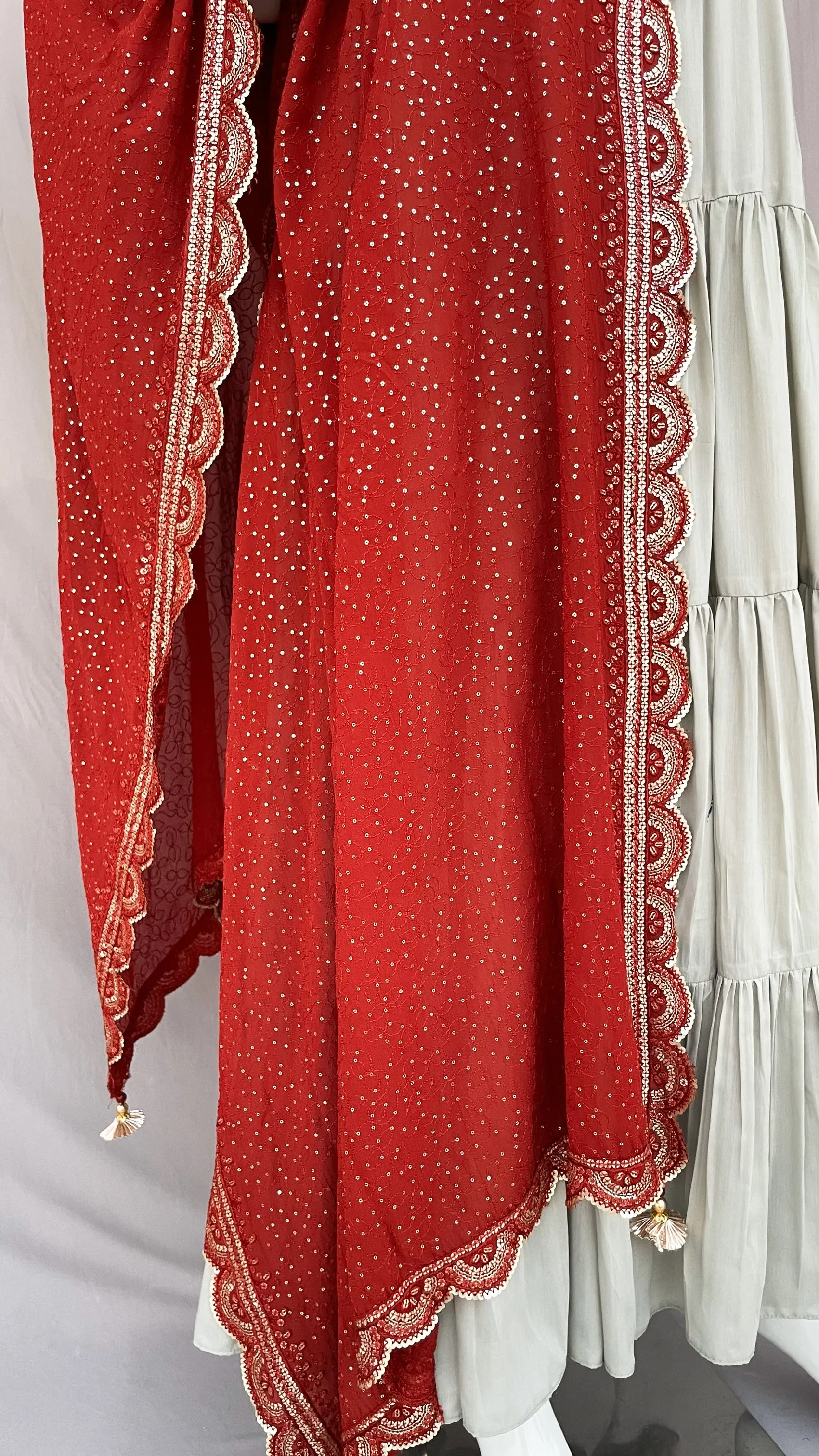 Maroon Pure Georgette Sequins work Dupatta with Fancy Tassels.
