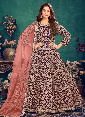Maroon Zari Embellished Wedding Anarkali Suit