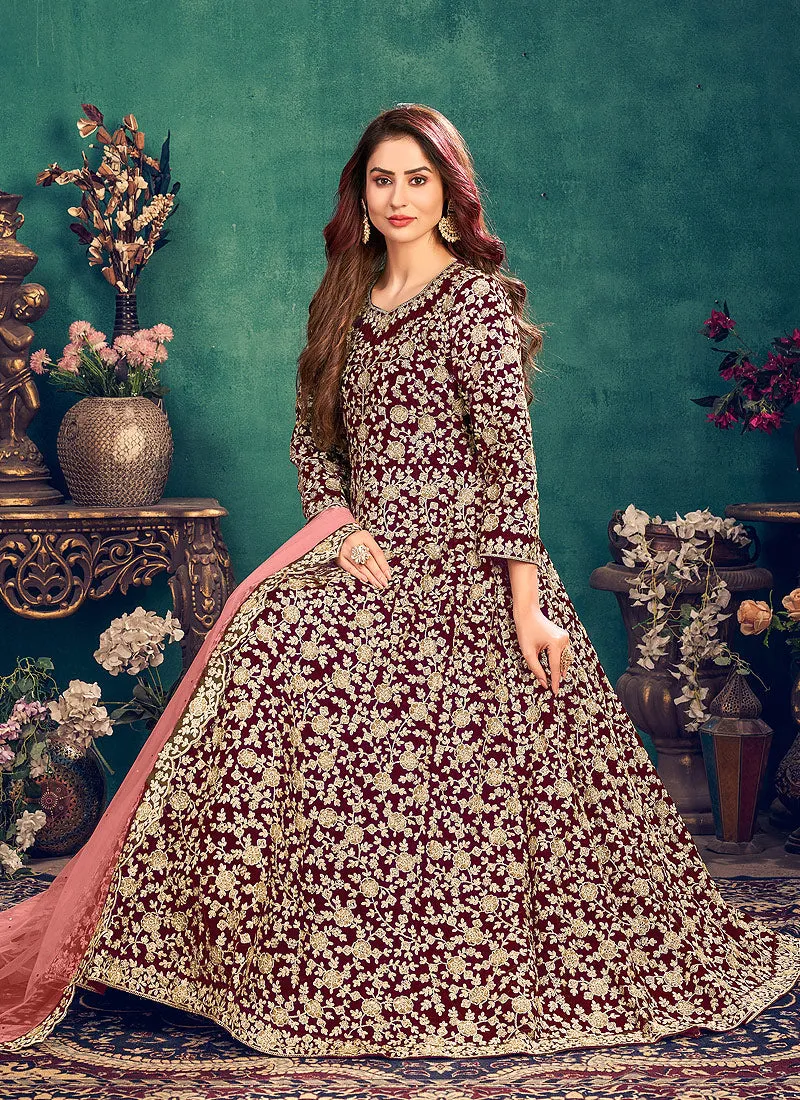 Maroon Zari Embellished Wedding Anarkali Suit