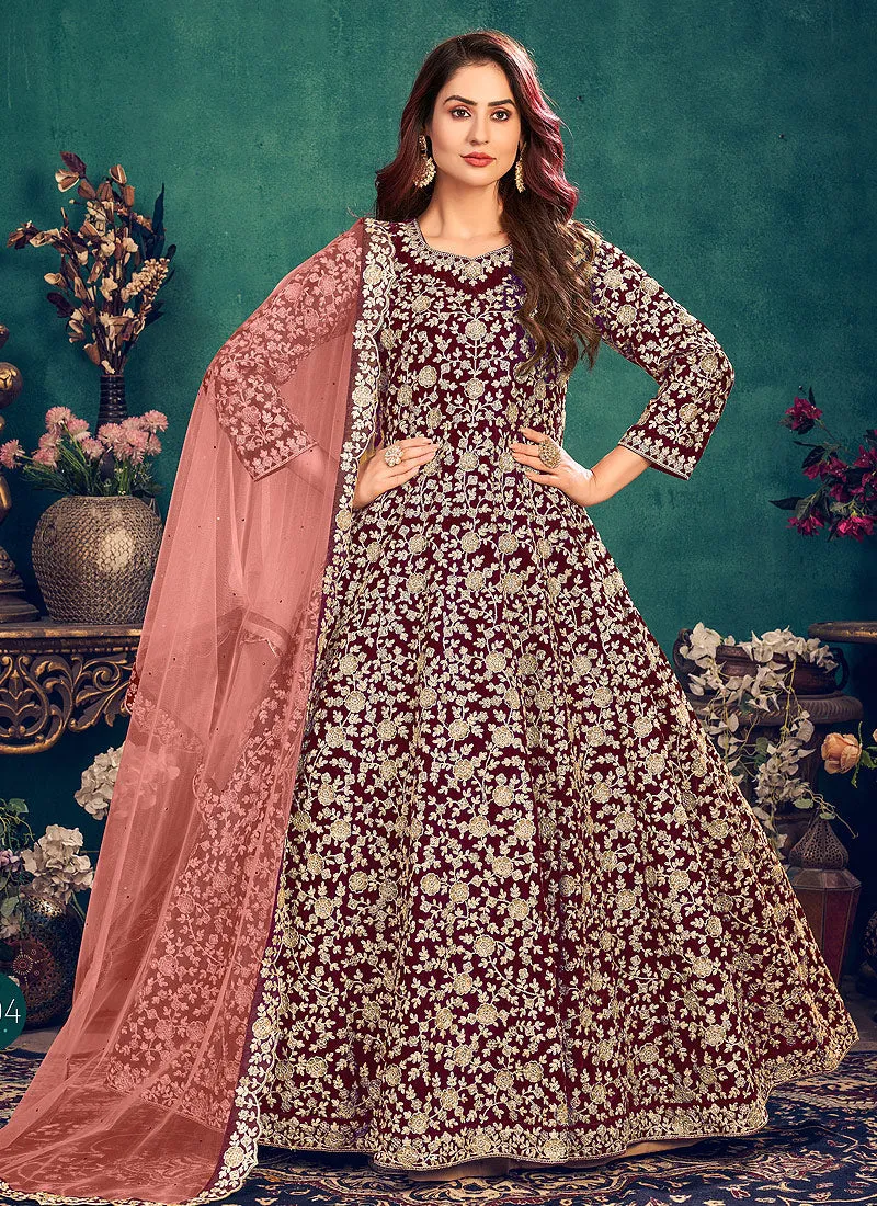 Maroon Zari Embellished Wedding Anarkali Suit