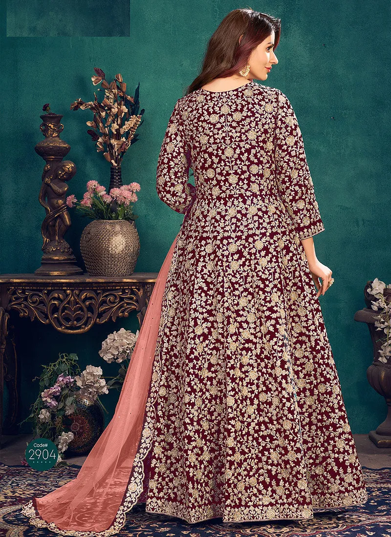 Maroon Zari Embellished Wedding Anarkali Suit