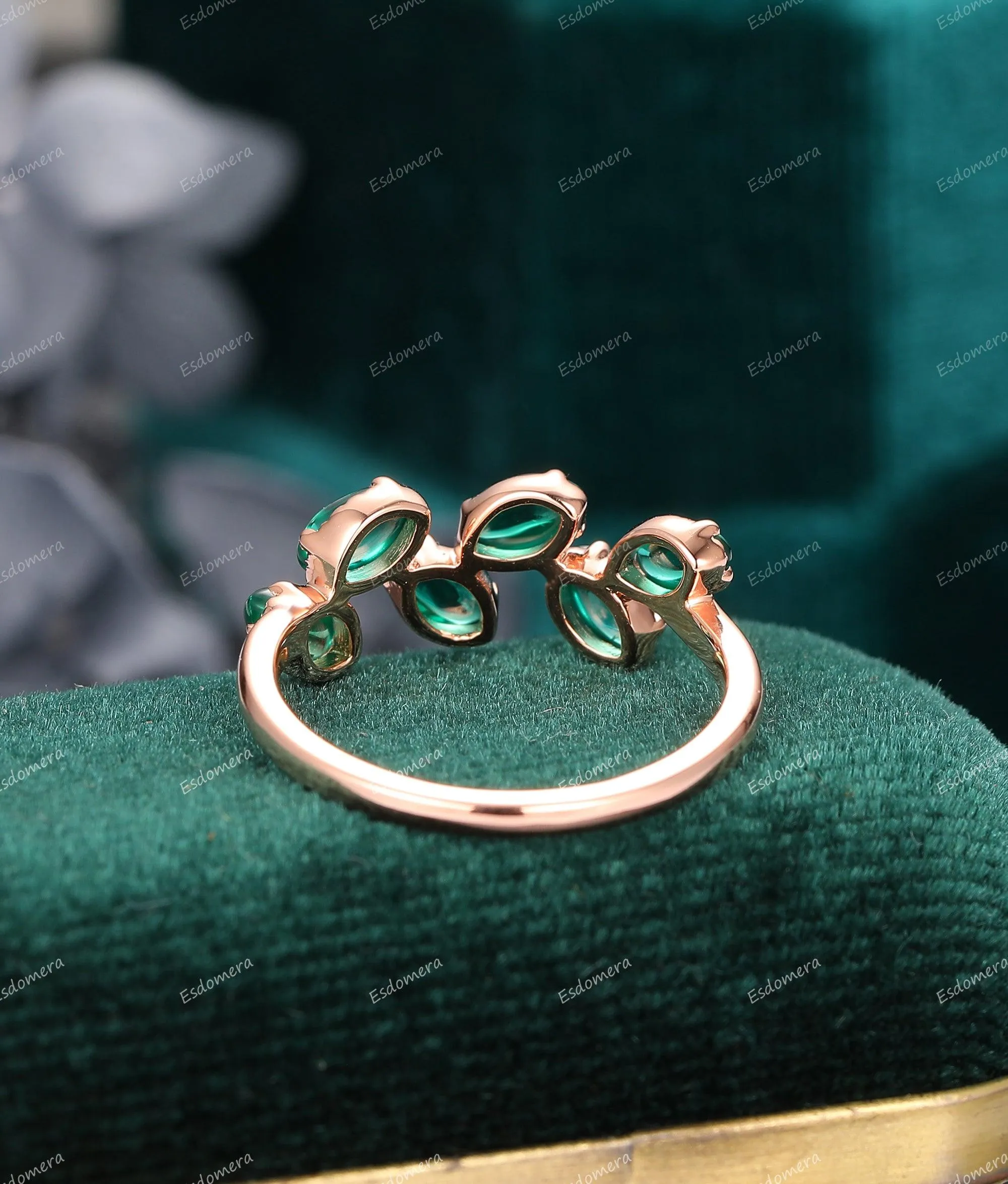 Marquise Cut 1.2CT Emerald Engagement Ring, Leaf Vine Shaped Emerald Ring, 14K Rose Gold May Birthstone Ring