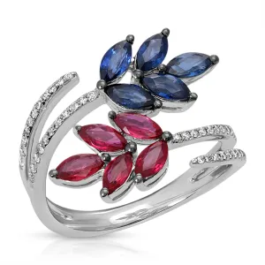 Marquise Sapphire and Rubies Leaf Ring Accent With Diamonds Stones in 18K White Gold