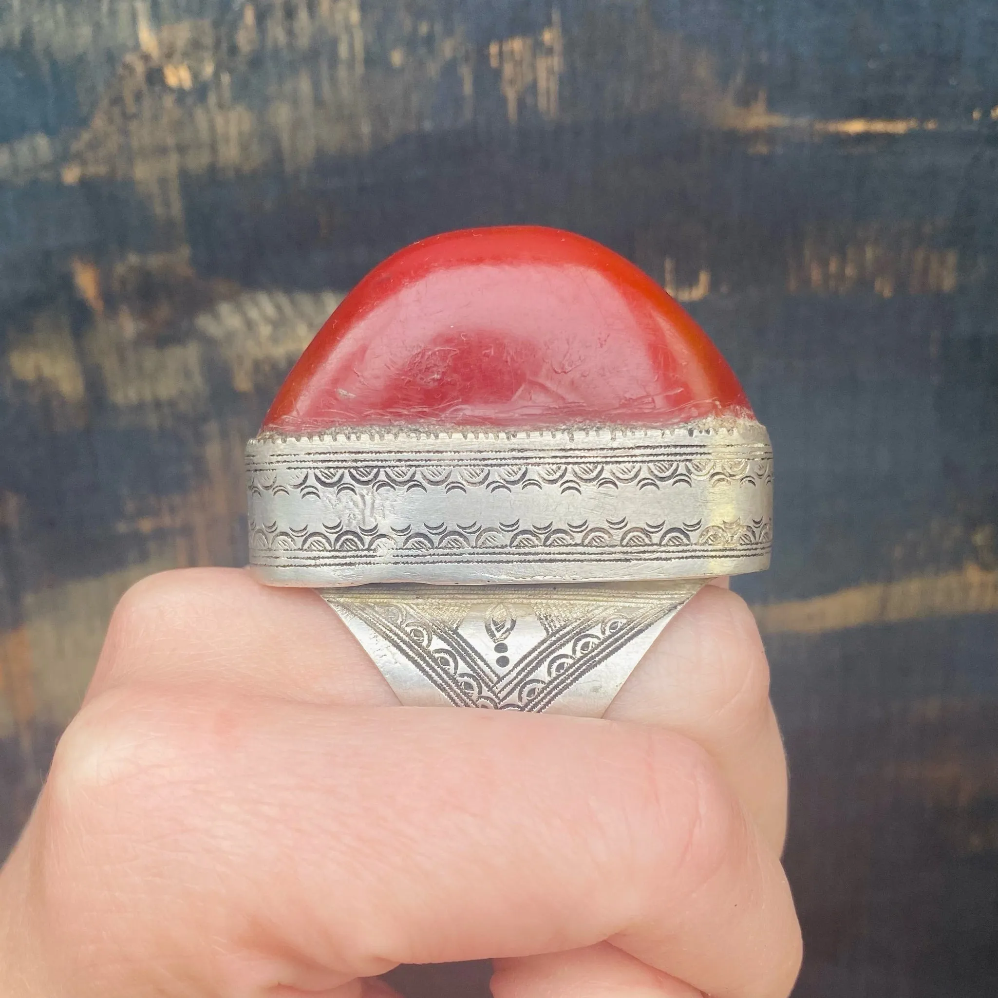 Massive Red Copal in Engraved Metal Ring