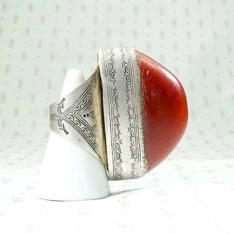 Massive Red Copal in Engraved Metal Ring