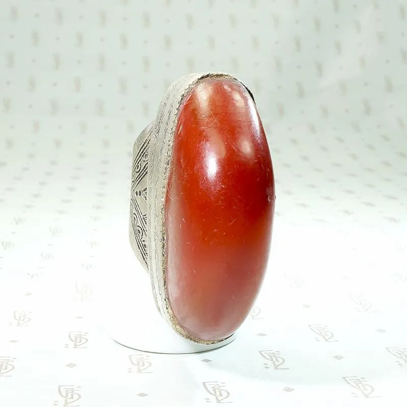 Massive Red Copal in Engraved Metal Ring