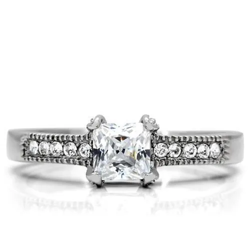 MT991 - High Polished Stainless Steel Princess Cut Center Stone with Round Stones on the Shaft April Birthstone Newest