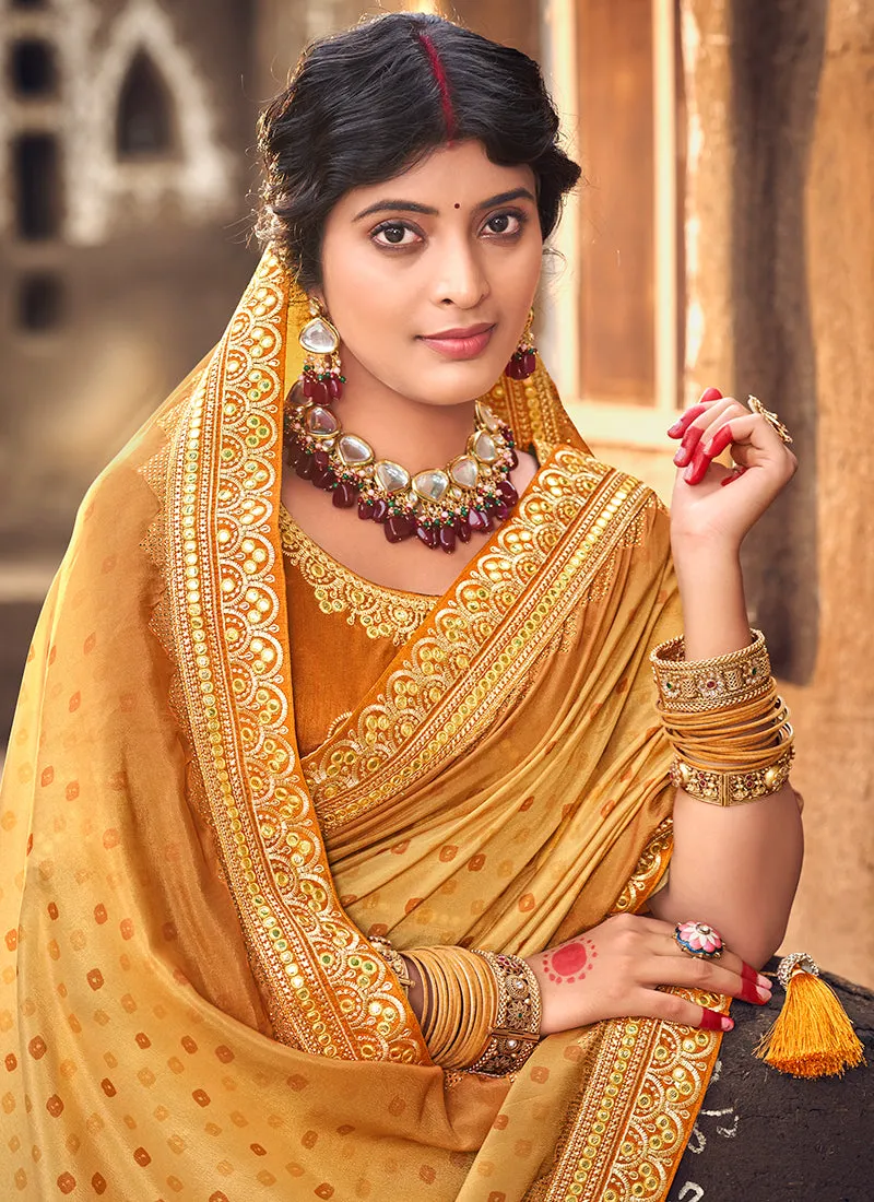 Mustard Digital Prints And Soraski Work Silk Saree