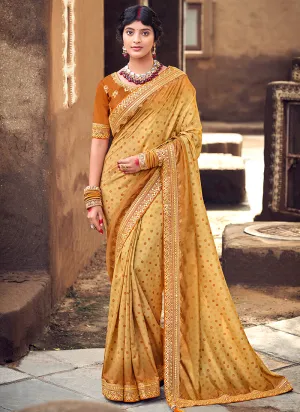 Mustard Digital Prints And Soraski Work Silk Saree