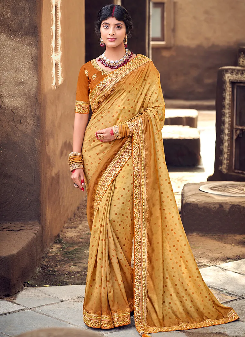 Mustard Digital Prints And Soraski Work Silk Saree