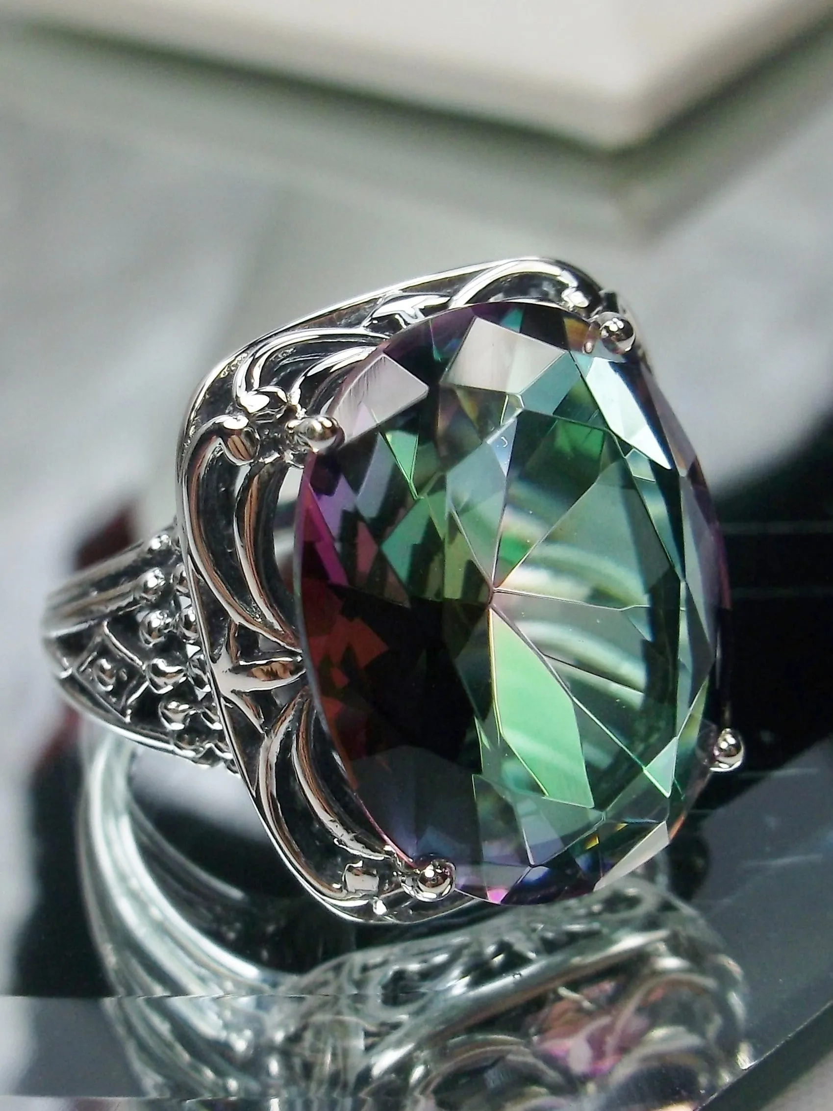 Mystic Topaz Ring, Oval Gemstone, Retro Swirl Filigree, Art Deco Vintage Jewelry, D119