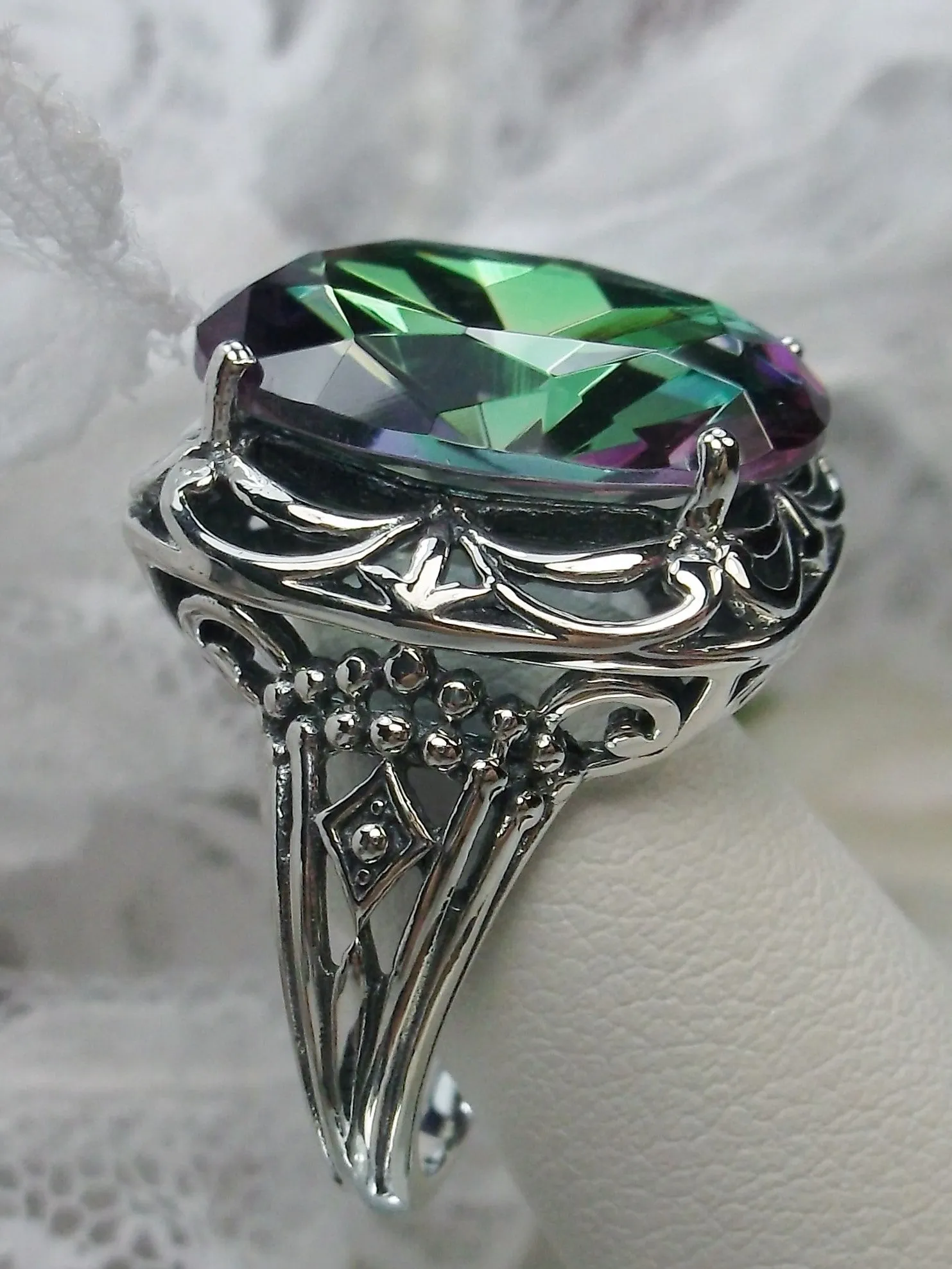 Mystic Topaz Ring, Oval Gemstone, Retro Swirl Filigree, Art Deco Vintage Jewelry, D119