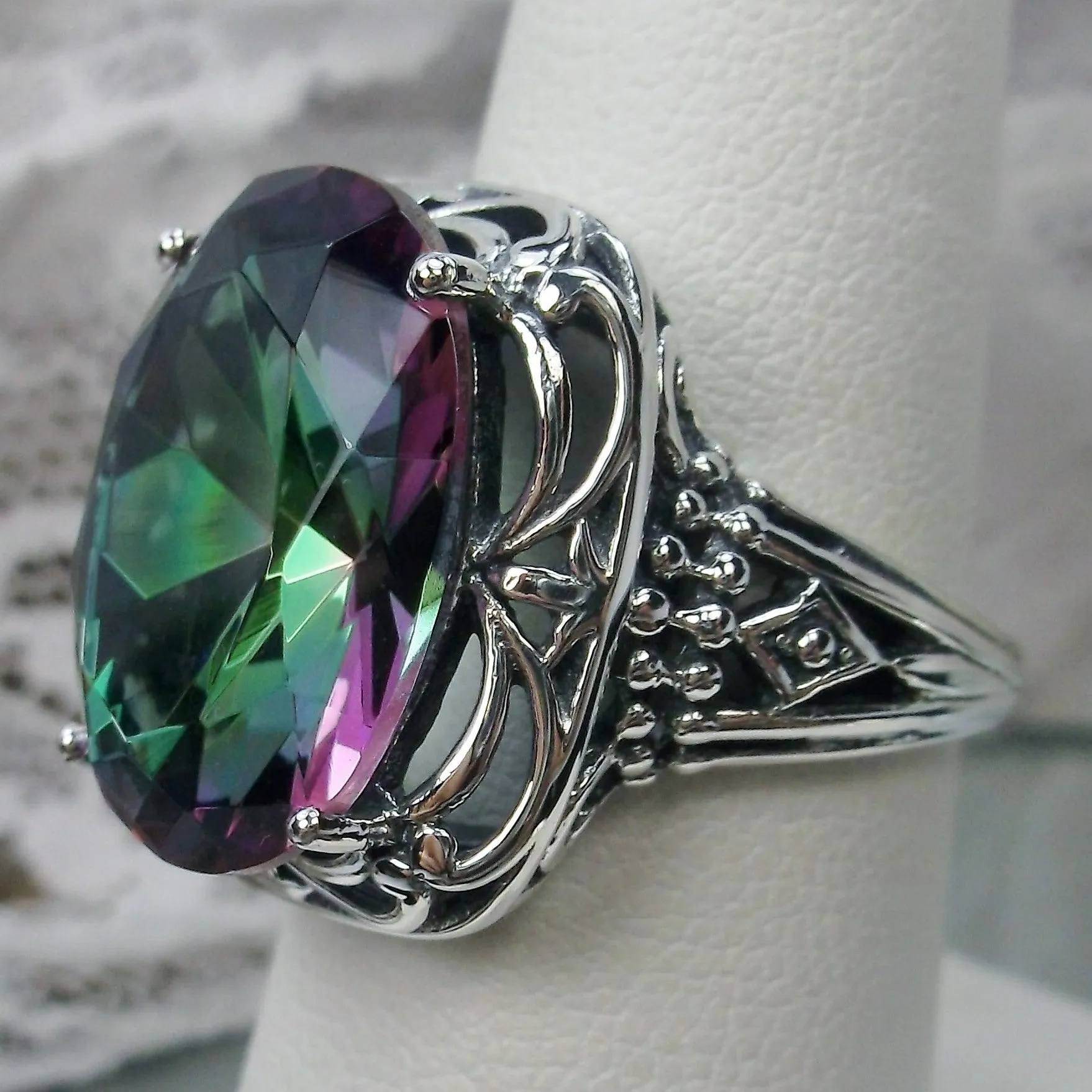 Mystic Topaz Ring, Oval Gemstone, Retro Swirl Filigree, Art Deco Vintage Jewelry, D119