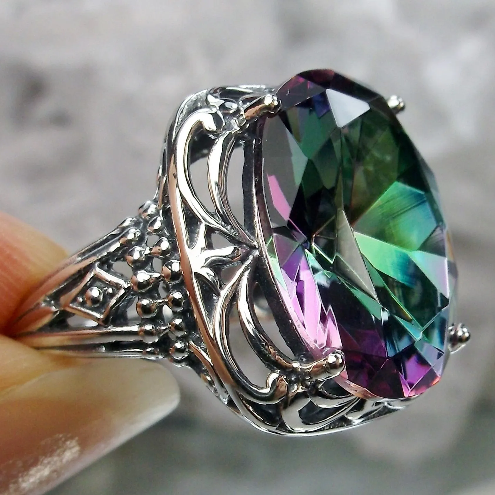 Mystic Topaz Ring, Oval Gemstone, Retro Swirl Filigree, Art Deco Vintage Jewelry, D119