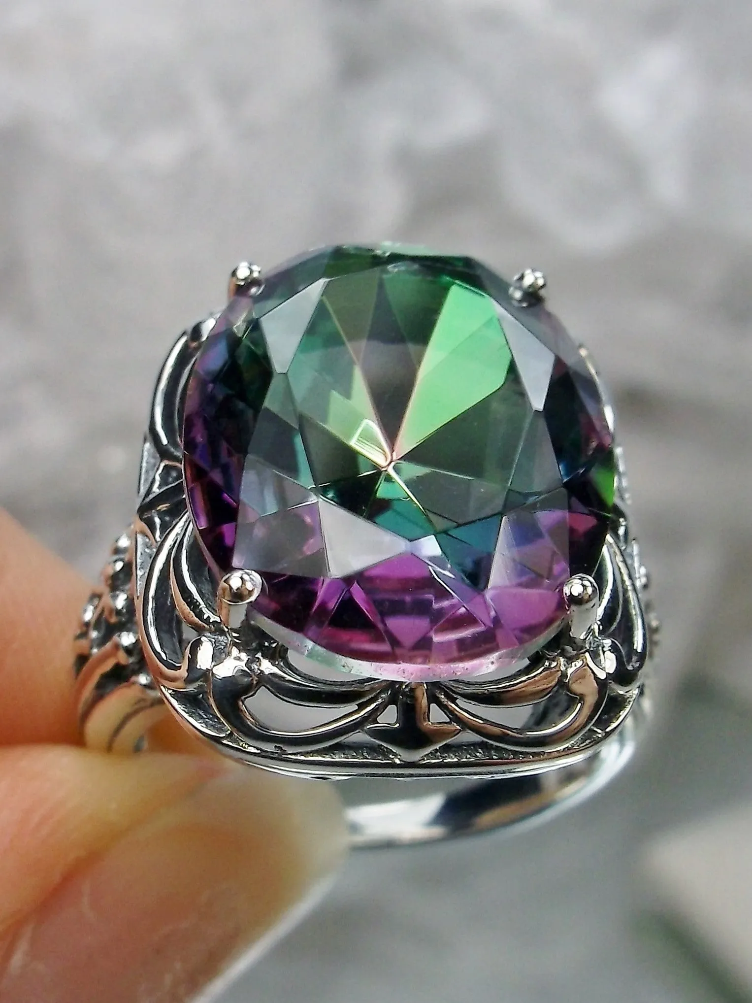 Mystic Topaz Ring, Oval Gemstone, Retro Swirl Filigree, Art Deco Vintage Jewelry, D119