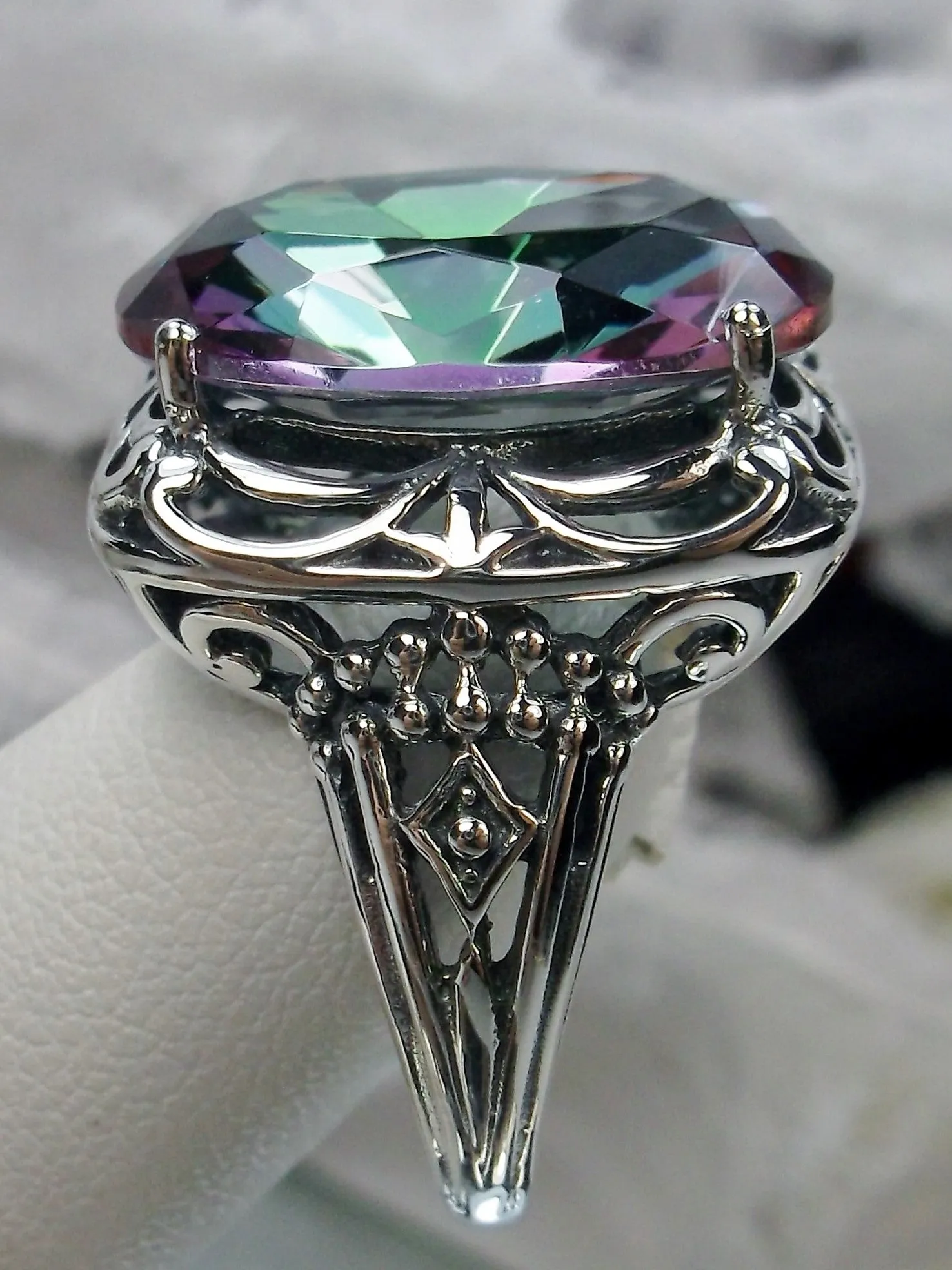Mystic Topaz Ring, Oval Gemstone, Retro Swirl Filigree, Art Deco Vintage Jewelry, D119
