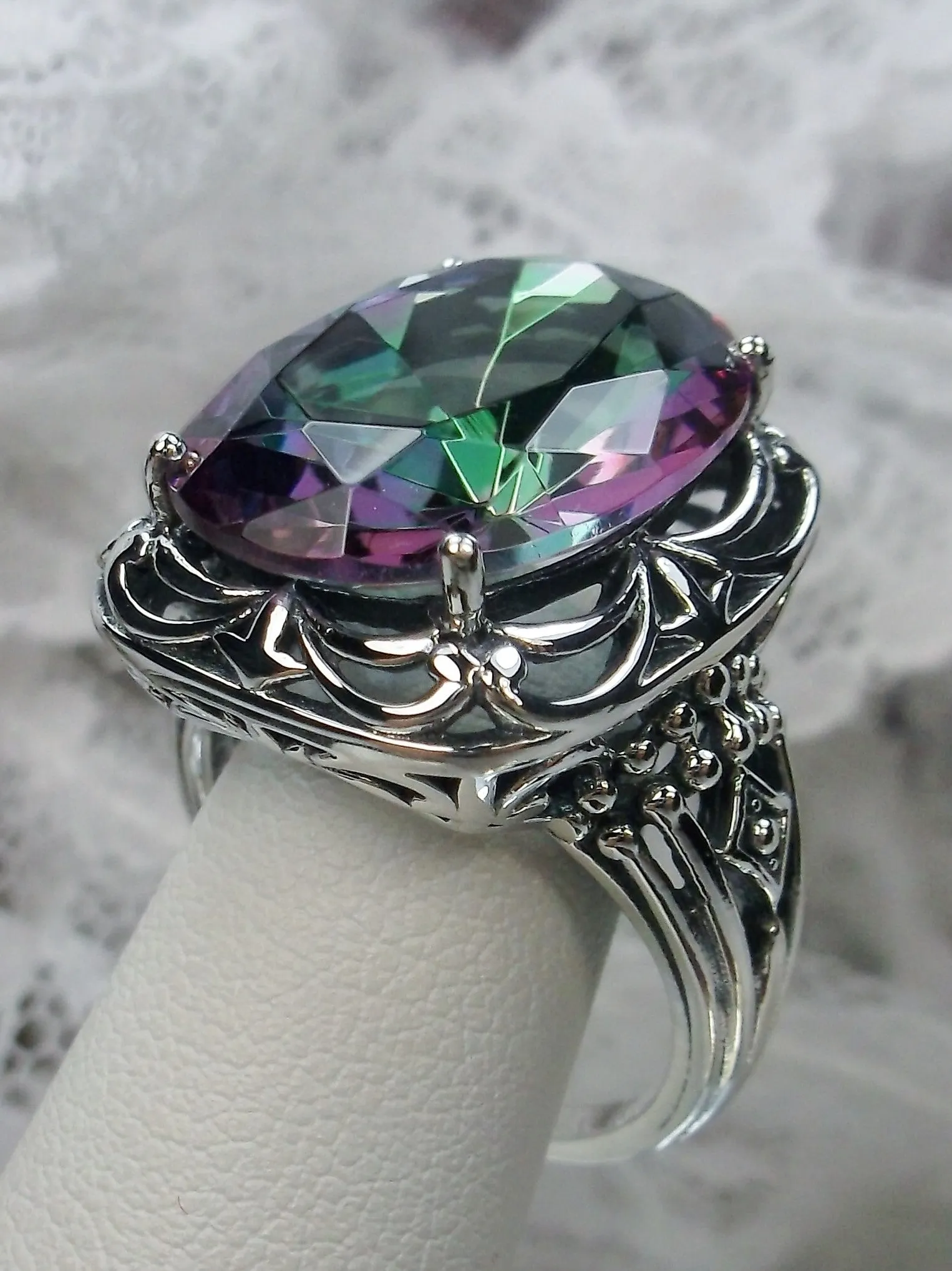 Mystic Topaz Ring, Oval Gemstone, Retro Swirl Filigree, Art Deco Vintage Jewelry, D119