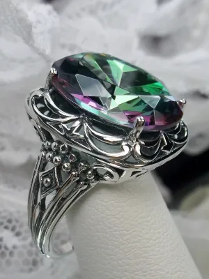 Mystic Topaz Ring, Oval Gemstone, Retro Swirl Filigree, Art Deco Vintage Jewelry, D119